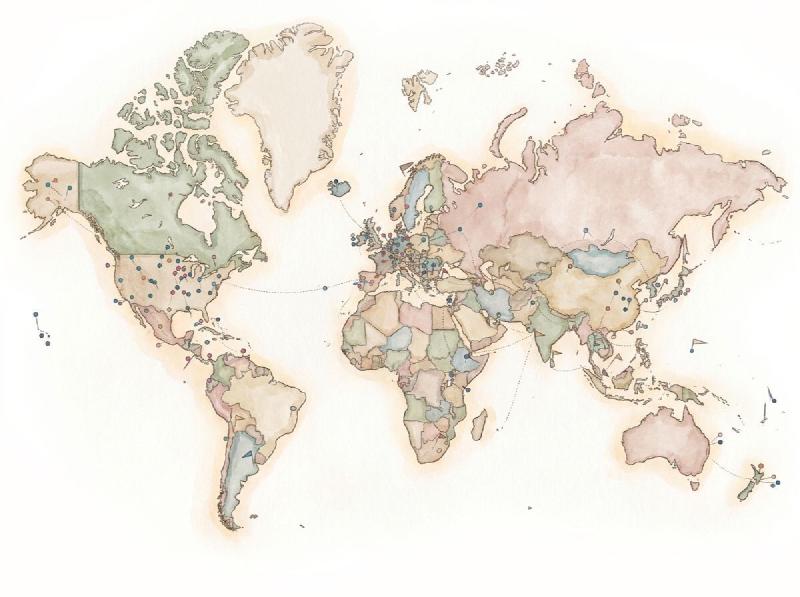 World map with marks for visited places