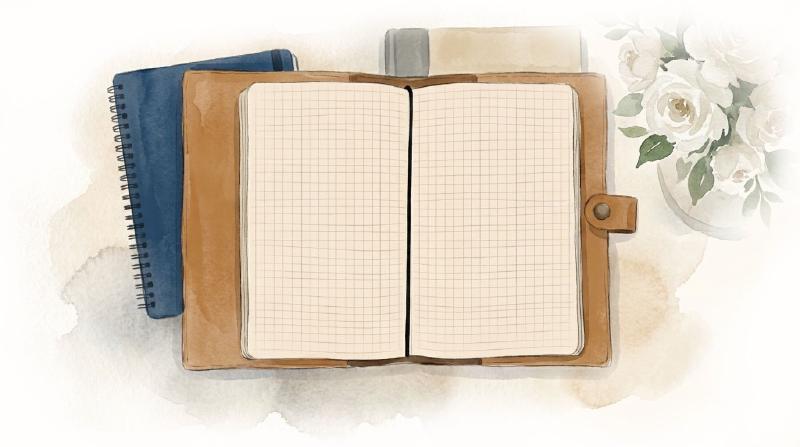An open notebook sitting on top of a desk next to a flower