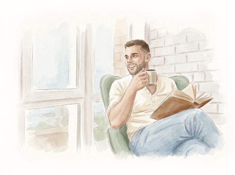 Man reading a book and drinking coffee by window