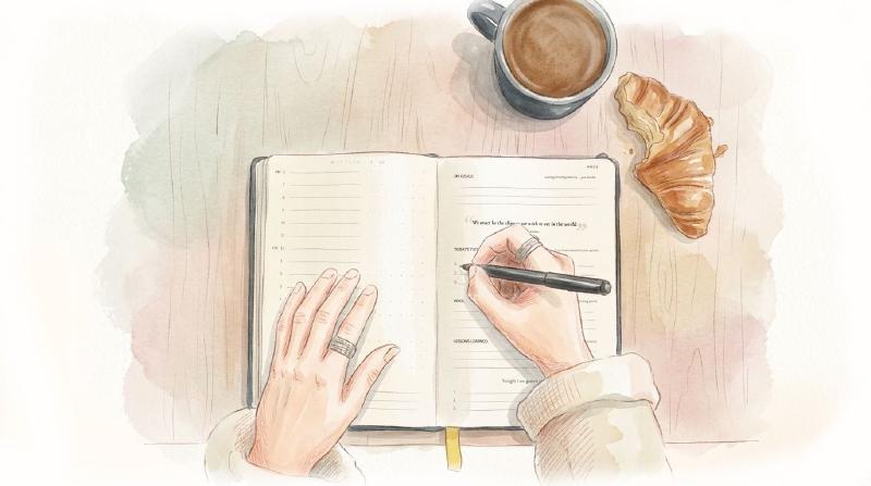Planner with a good coffee and some food
